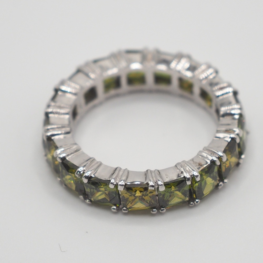 Eternity Band Ring 7.5 Yellow Green August Rhinestone Princess Cut Silver Tone